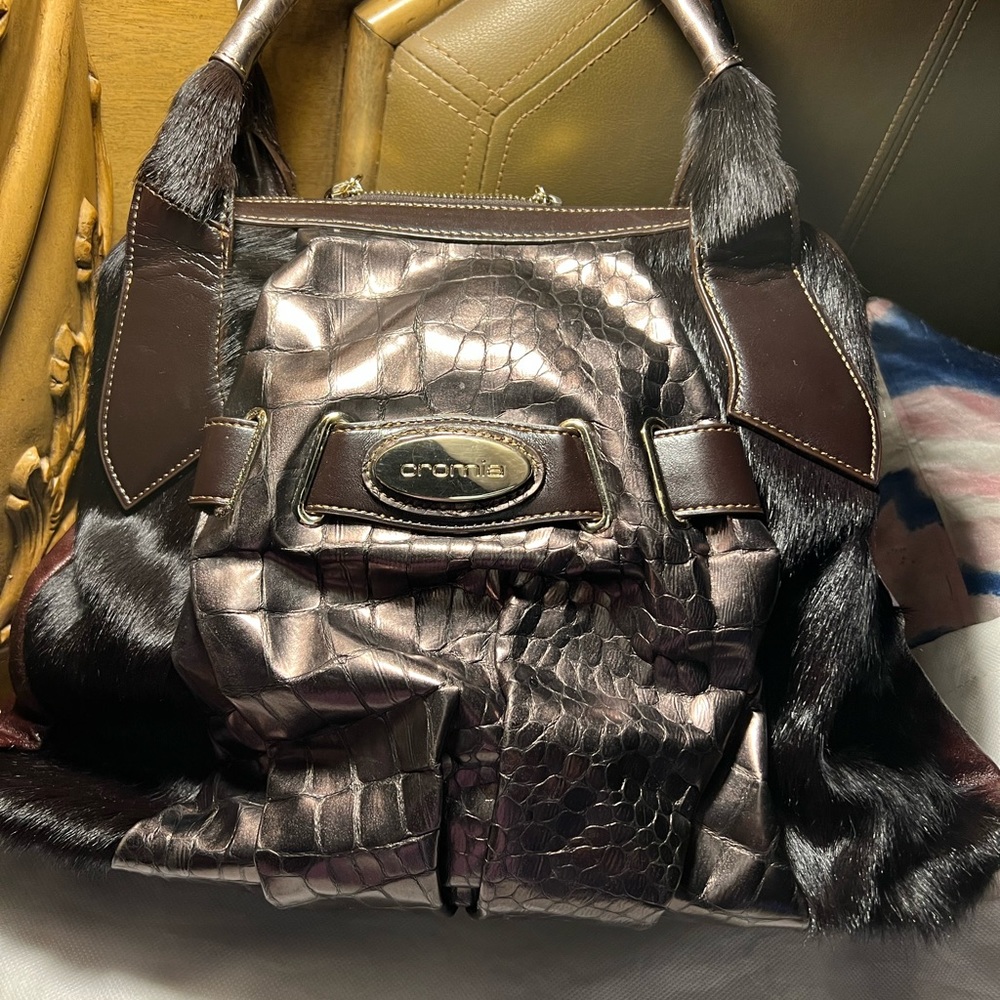 Dark Brown Italian animal skin & leather medium/large double zipper handheld bag